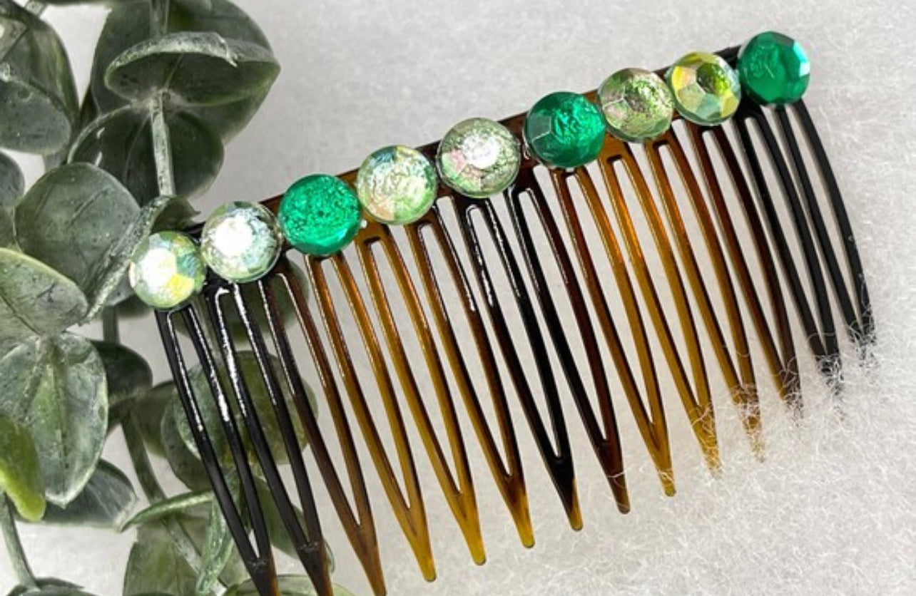 Green faux Rhinestone hair comb accessory side tortoise Comb 3.5” plastic side Comb
