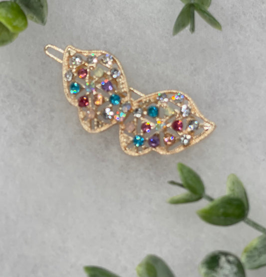 Rainbow  butterfly crystal rhinestone  approximately 2.0” barrette Gold vintage style bridal Wedding shower sweet 16
