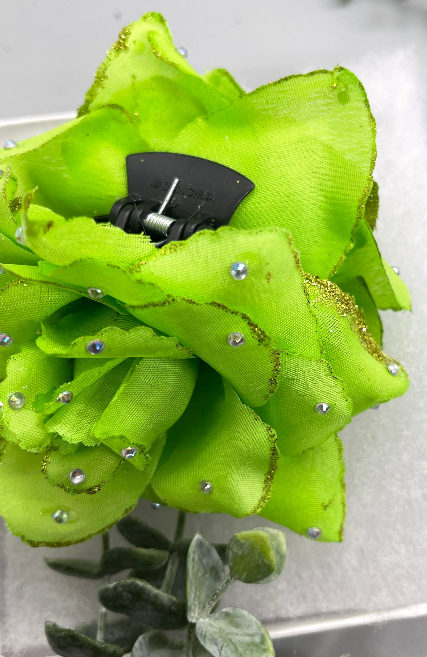 lime Green  Rose flower crystal rhinestone embellished Claw Jaw clip approximately Large 5.0”W 4.0”L formal hair accessory wedding bridal engagemen