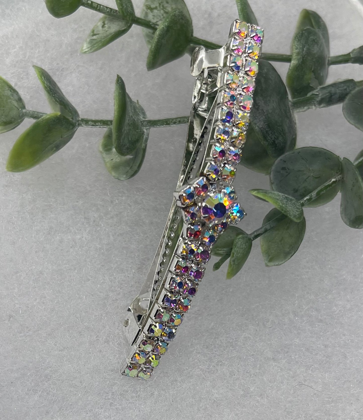 Iridescent Crystal Rhinestone Barrette approximately 3.0”Metal silver tone formal hair accessory gift wedding bridal shower accessories