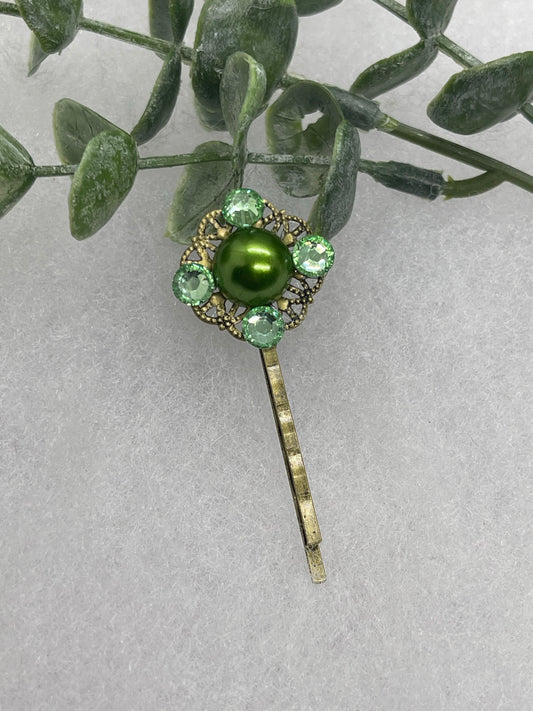 Green crystal faux pearl Antique vintage Style approximately 2.5” flower hair pin wedding engagement bride princess formal hair accessory