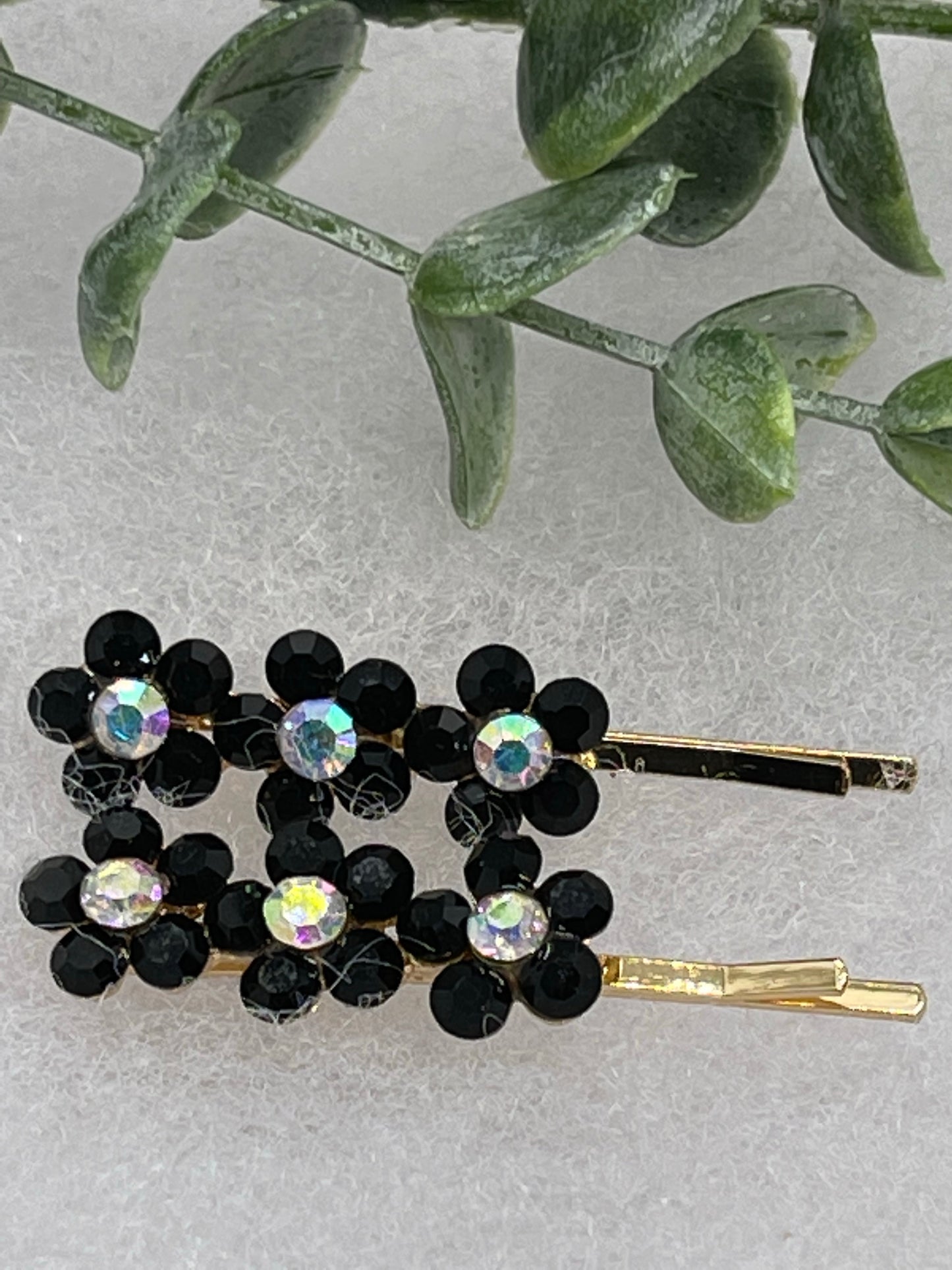 Black crystal rhinestone flowers approximately 2.0” gold tone hair pins 2 pc set wedding bridal shower engagement formal princess accessory accessories