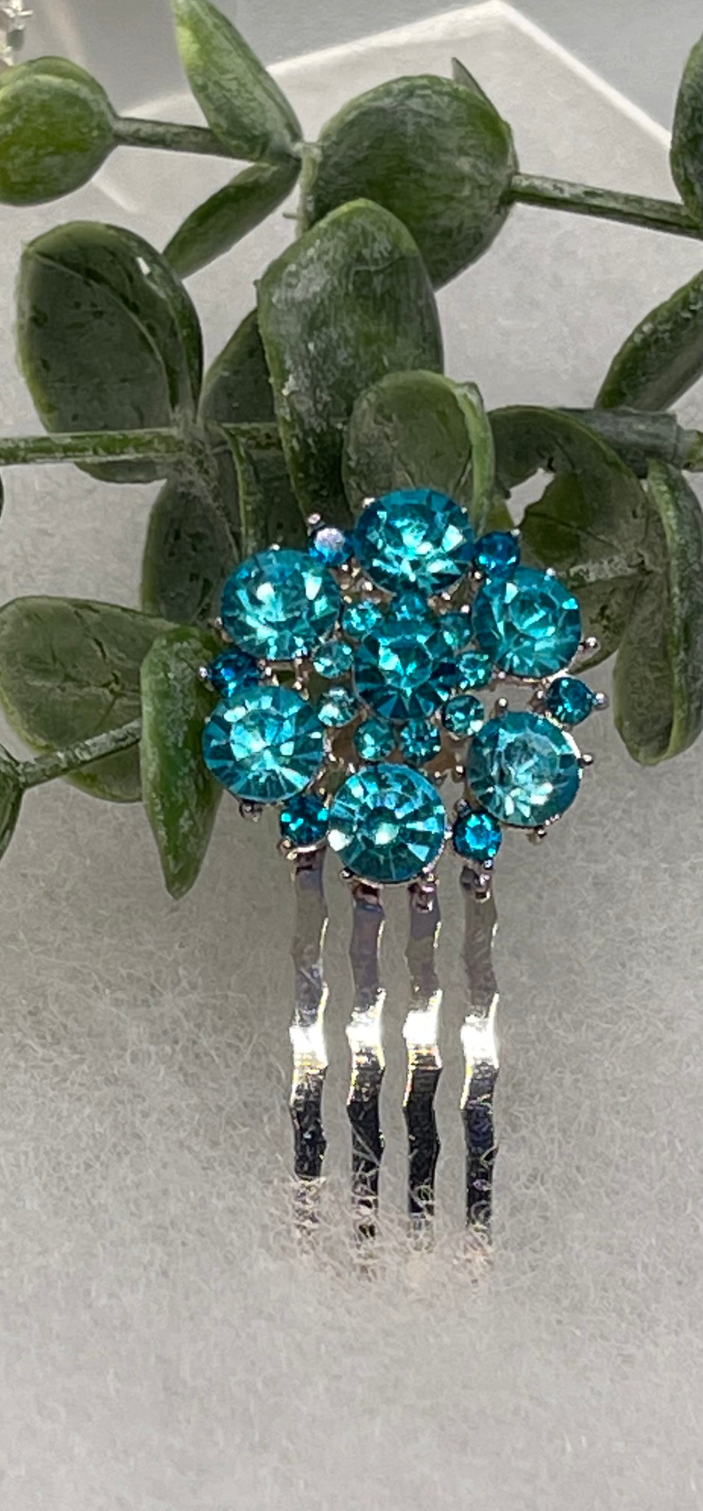 Teal blue crystal rhinestone flower approximately 2.0” hair side comb wedding bridal shower engagement formal princess accessory accessories