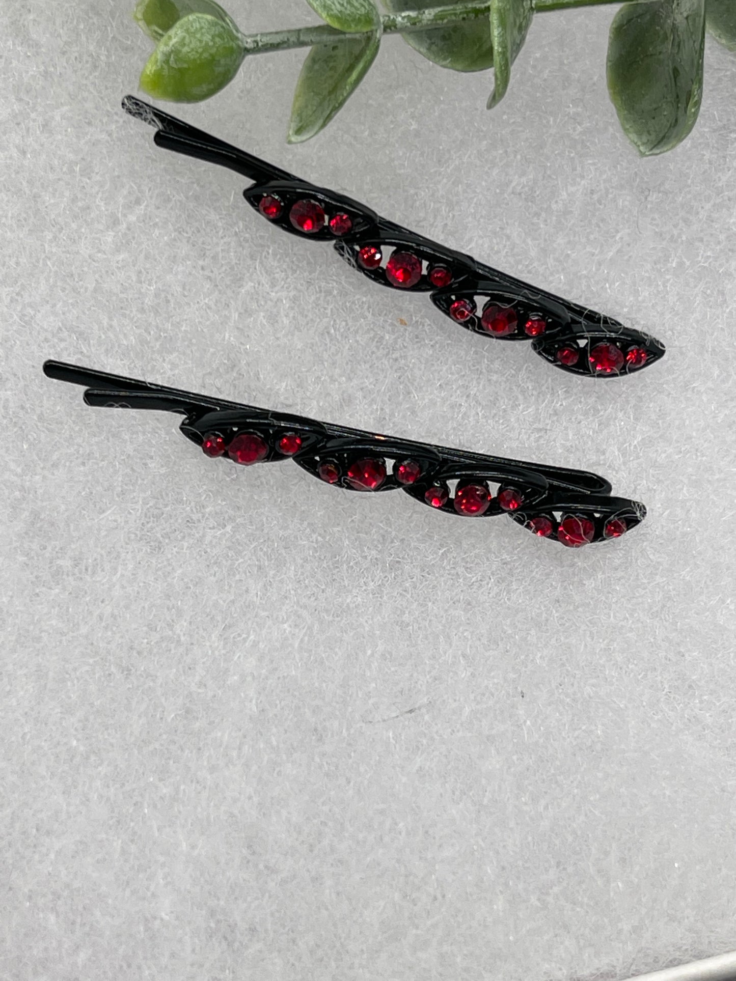 Ruby Red crystal rhinestone approximately 2.5” black tone hair pins 2 pc set wedding bridal shower engagement formal princess accessory accessories