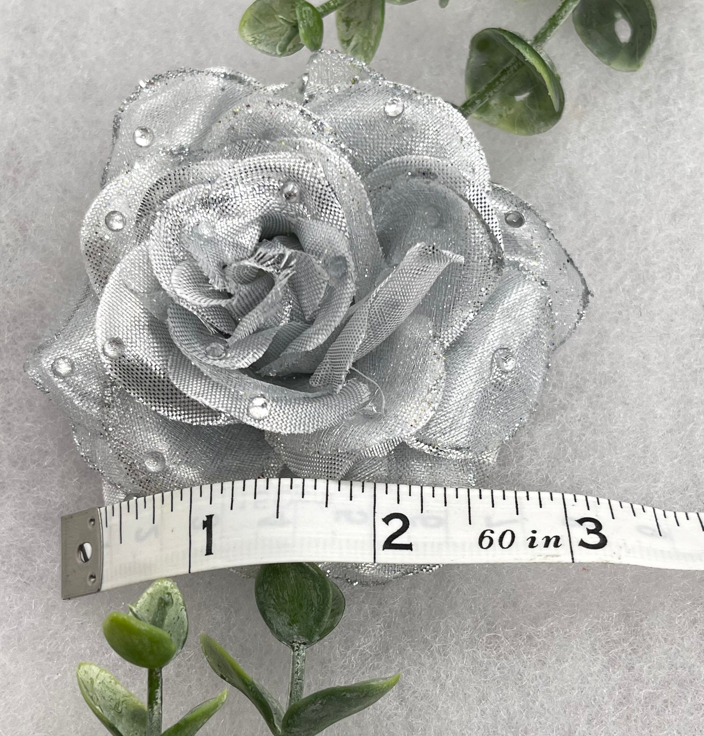 Silver Rose flower crystal rhinestone embellished alligator clip approximately 3.0” formal hair accessory wedding