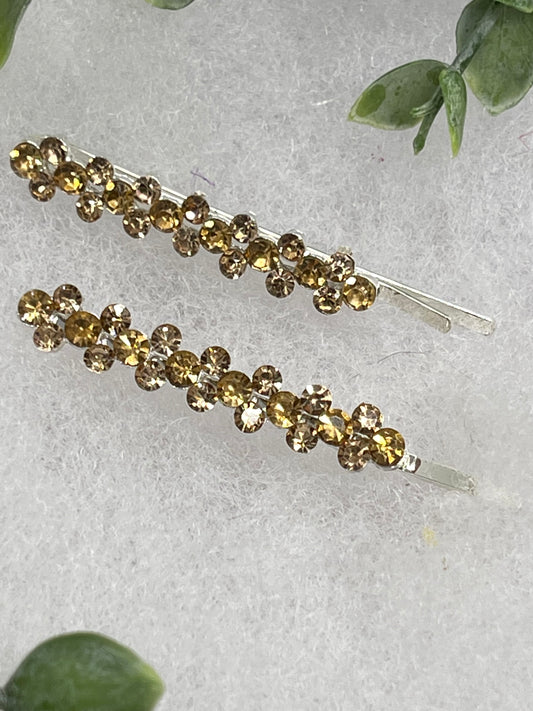 2 pc Gold Crystal Rhinestone Bobby pin hair pins set approximately 2.0” silver tone formal hair accessory gift wedding bridal Hair accessory