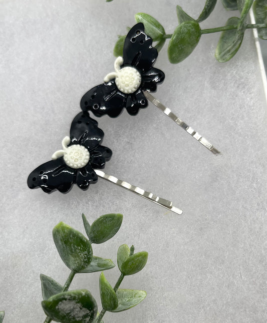 2 pc black white Butterfly hair pins approximately 2.0”silver tone formal hair accessory gift wedding bridal Hair accessory #003
