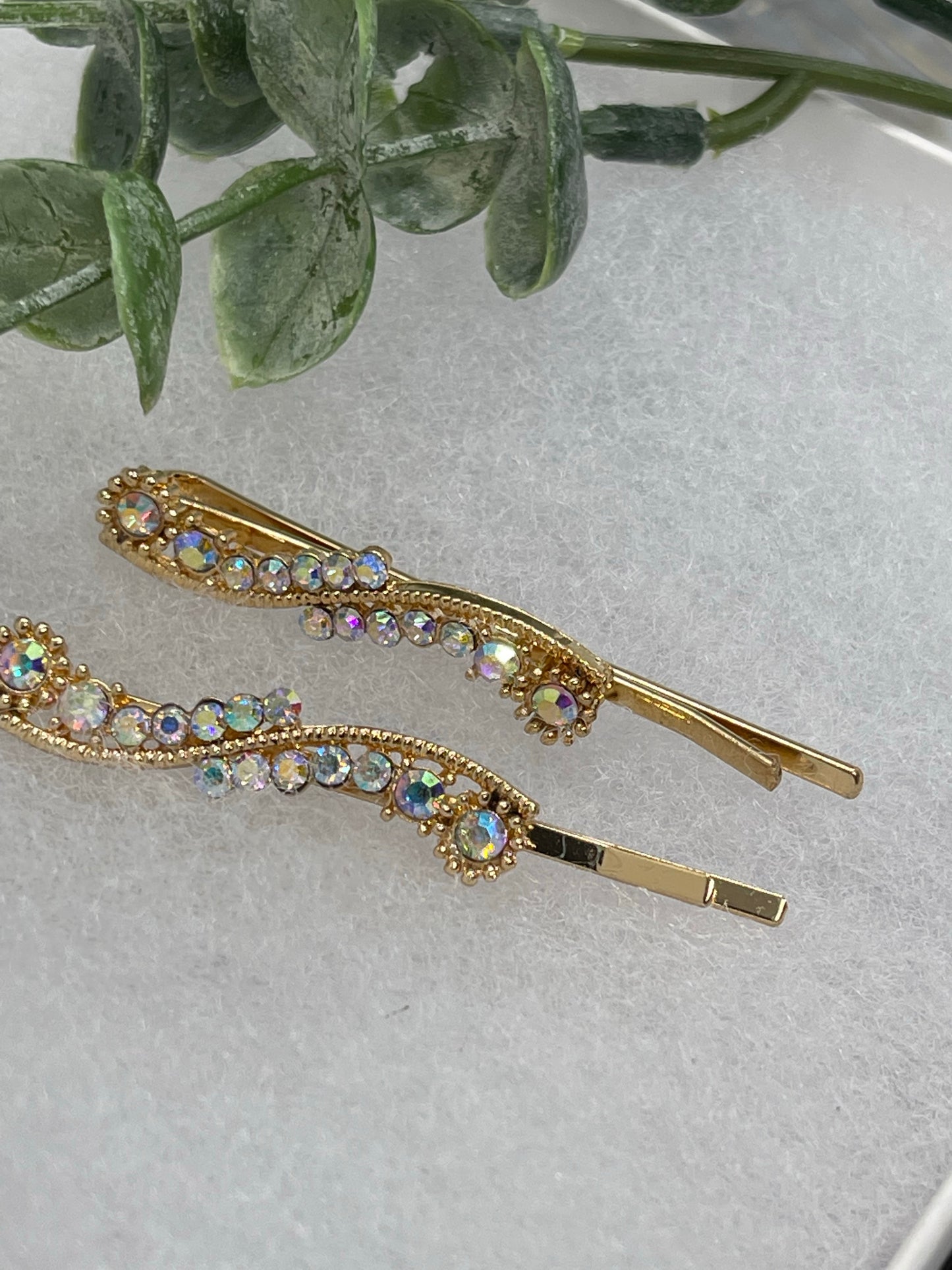 Iridescent crystal rhinestone approximately 2.0” gold tone hair pins 2 pc set wedding bridal shower engagement formal princess accessory accessories