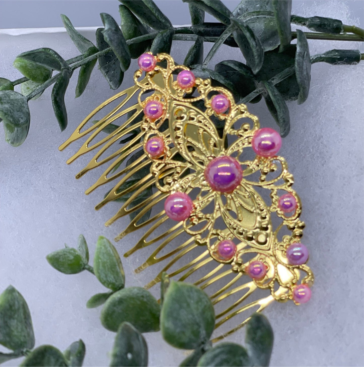 Pink purple  pearls vintage style  Gold  tone side comb hair accessory accessories gift birthday event formal bridesmaid  3.5” Metal side Comb