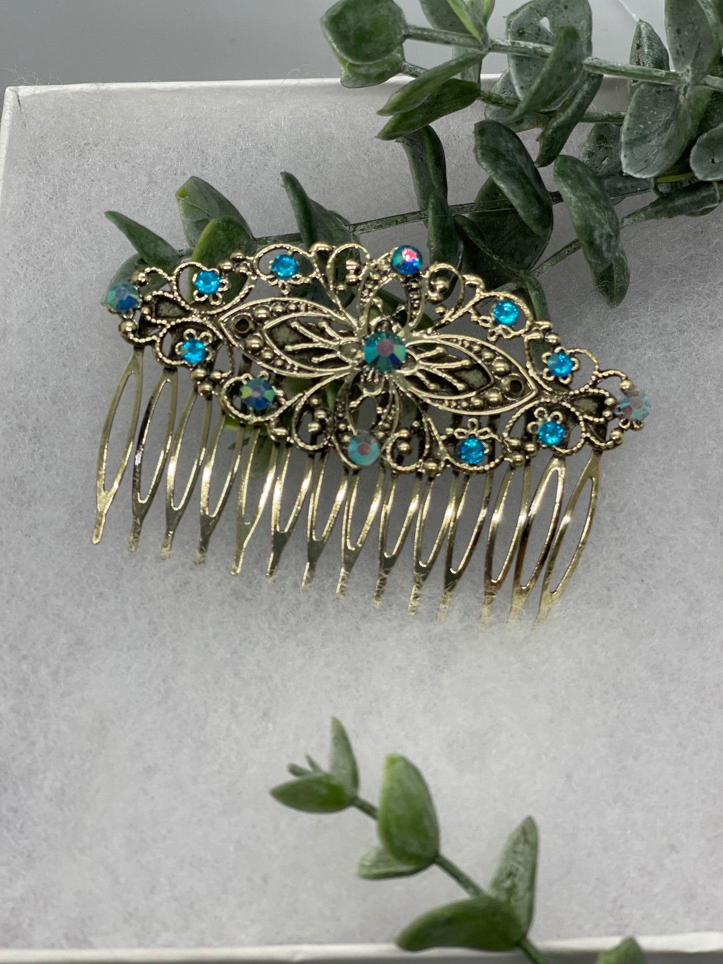 Blue teal iridescent crystal rhinestone pearl vintage style  side comb hair accessories gift birthday 3.5” Metal side Comb
