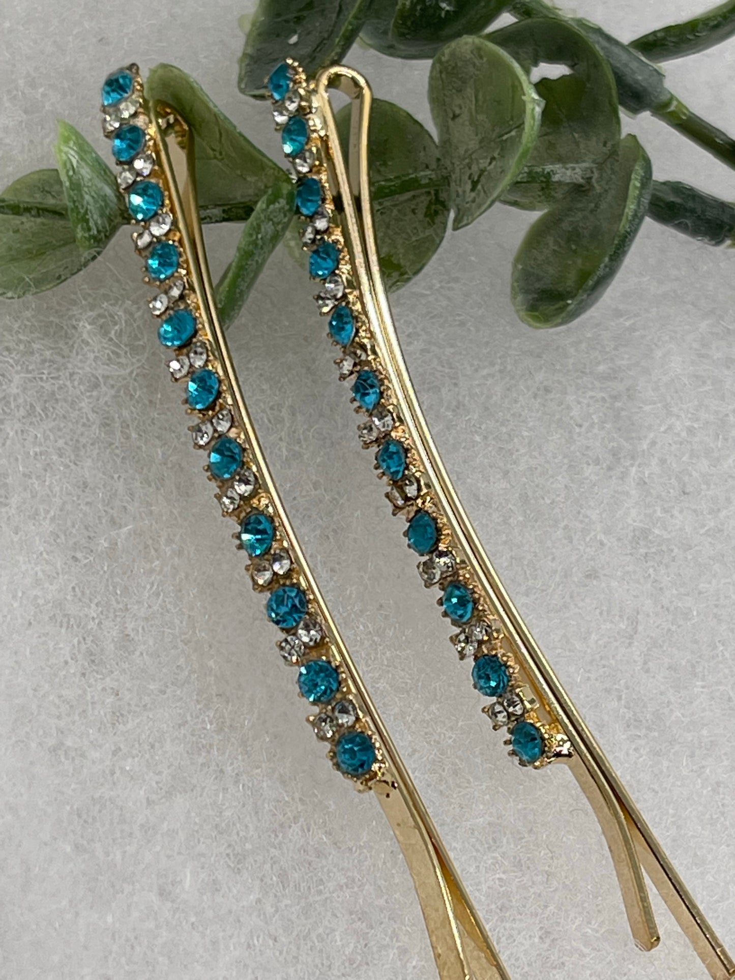 Teal crystal rhinestone approximately 3.5” large gold tone hair pins 2 pc set wedding bridal shower engagement formal princess accessory accessories
