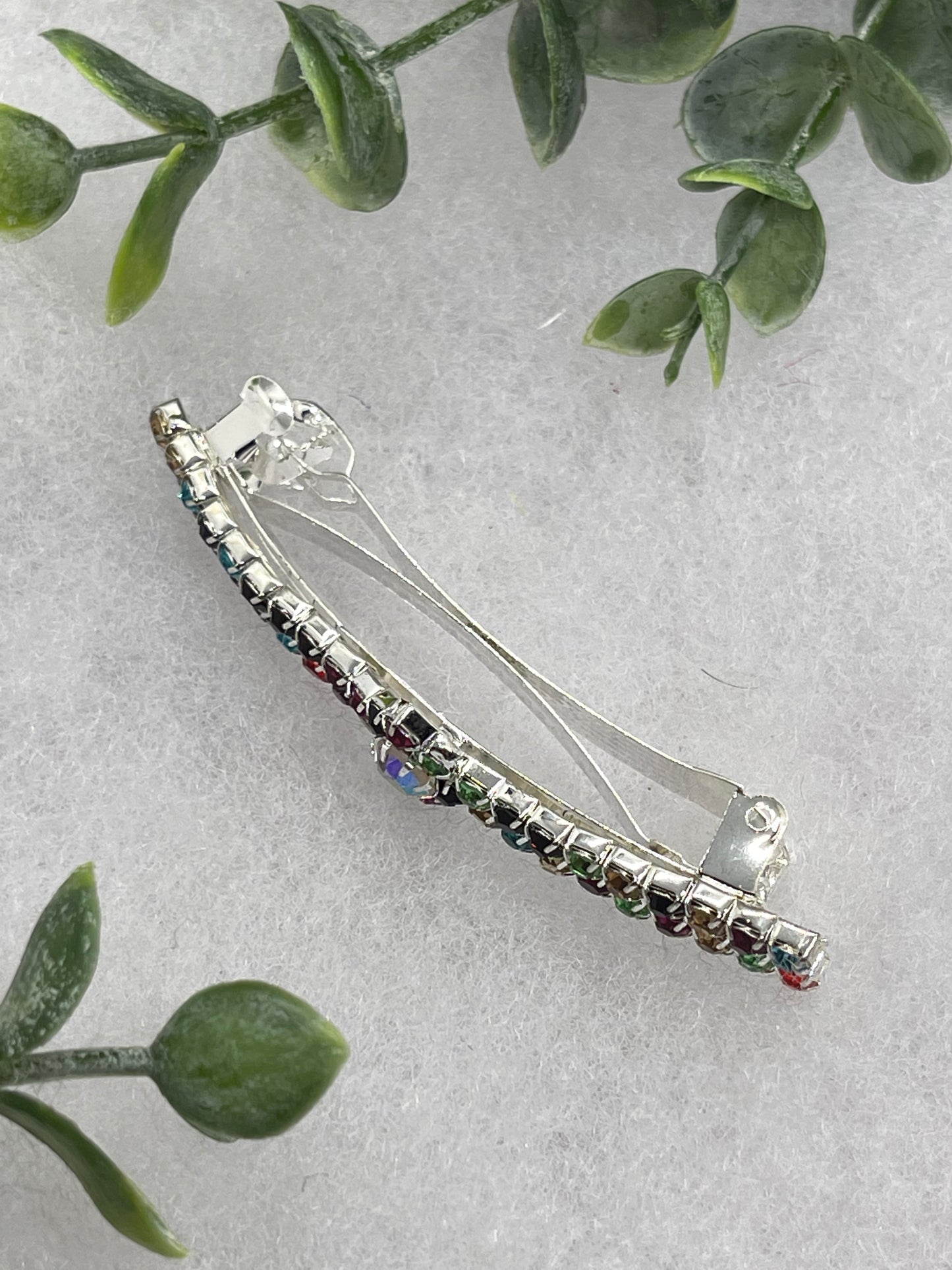 Rainbow Crystal Rhinestone  barrette approximately 3.0” silver tone formal hair accessory gift wedding bridal Hair accessory