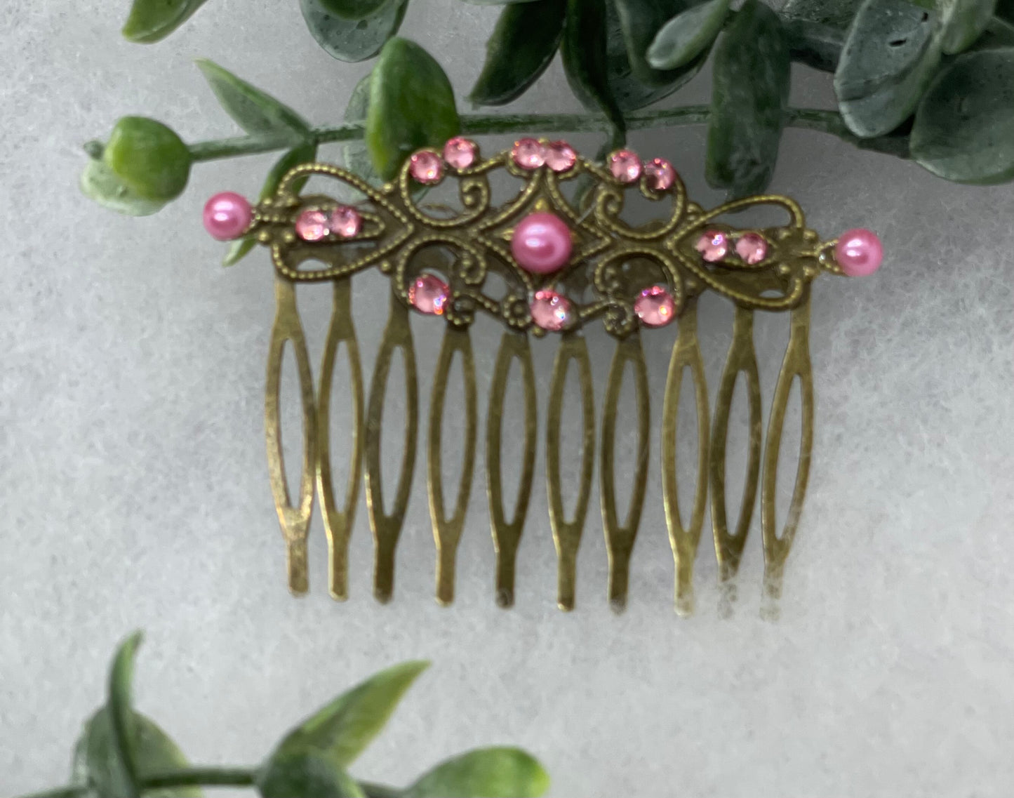 Pink crystal rhinestone pearl vintage style antique  hair accessories gift birthday event formal bridesmaid  2.5” Metal side Comb #153