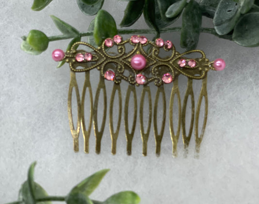 Pink crystal rhinestone pearl vintage style antique  hair accessories gift birthday event formal bridesmaid  2.5” Metal side Comb #153