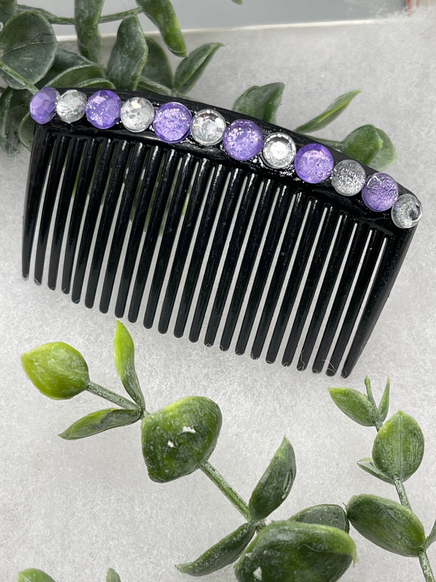 Purple faux crystal rhinestone side comb 3.5” black  plastic hair accessory bridal wedding Retro Bridal Party Prom Birthday gifts