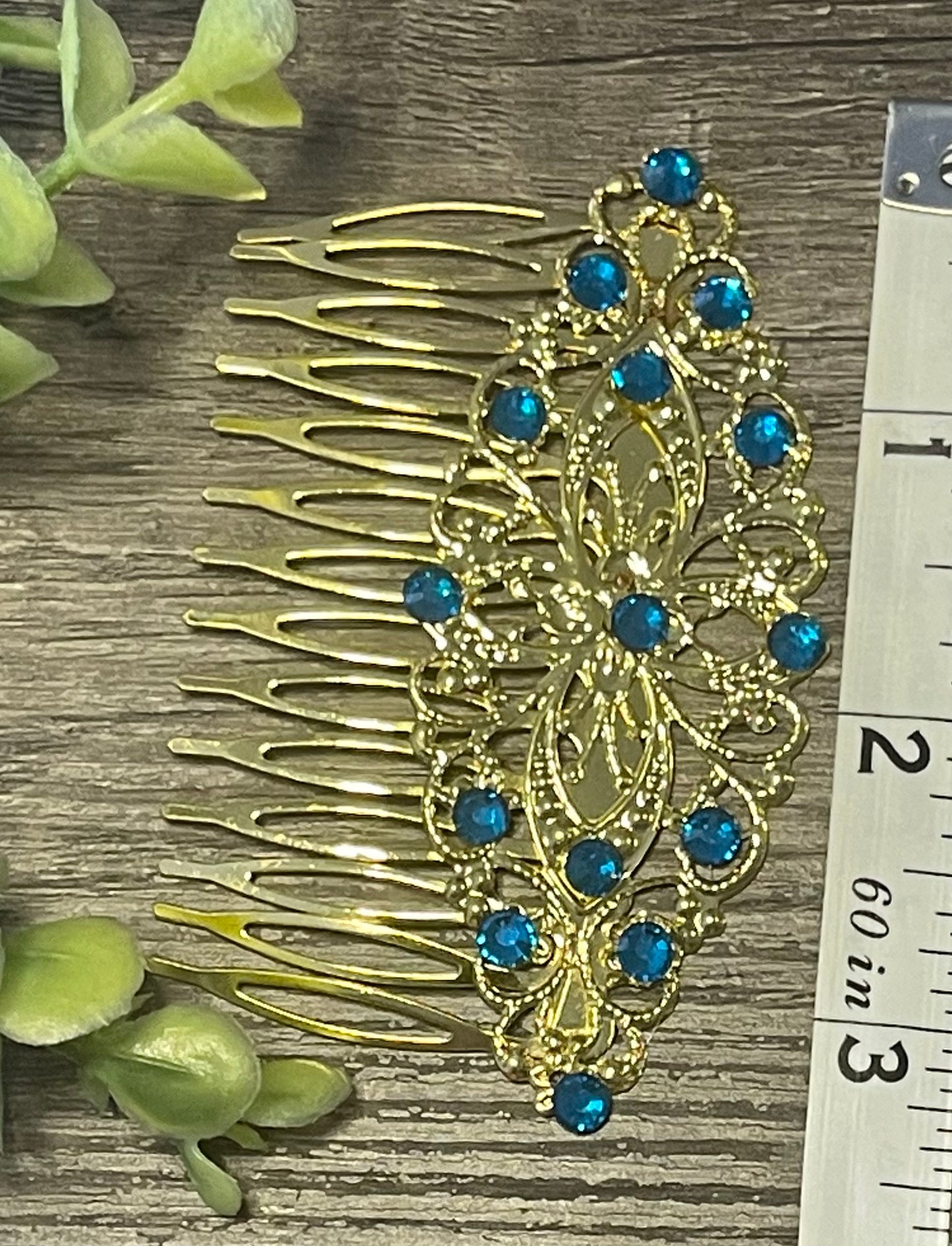 Sapphire teal crystal rhinestone Comb on 3.5” Gold Metal Hair Comb accessory Handmade Retro Bridal Party Prom