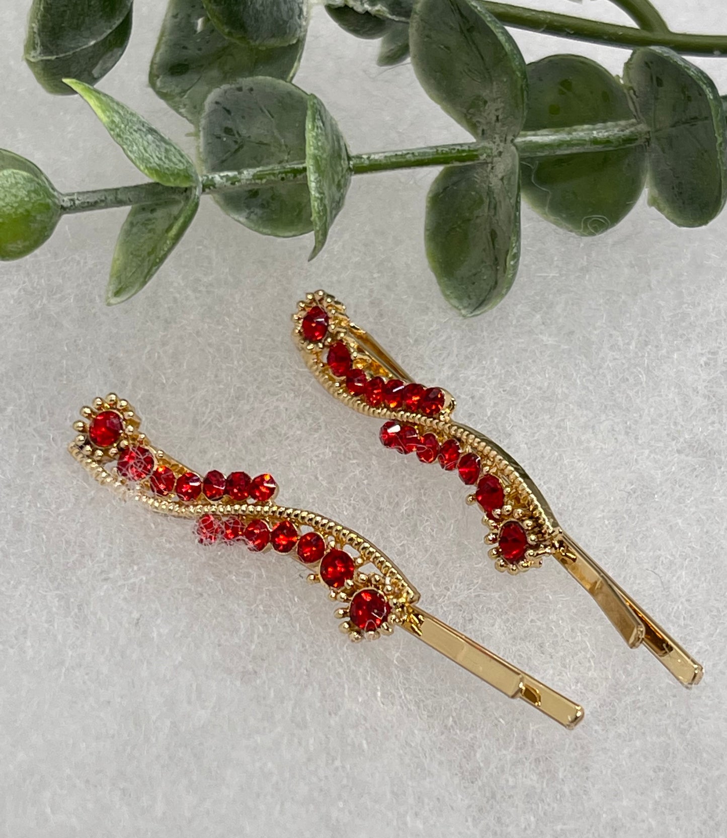 Red crystal rhinestone approximately 2.0” gold tone hair pins 2 pc set wedding bridal shower engagement formal princess accessory accessories