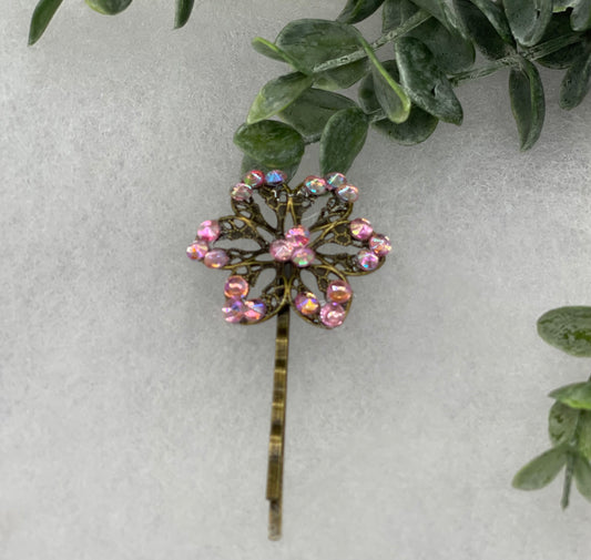 Pink Crystal Antique vintage Style approximately 3.0” flower hair pin wedding engagement bride princess formal hair accessories