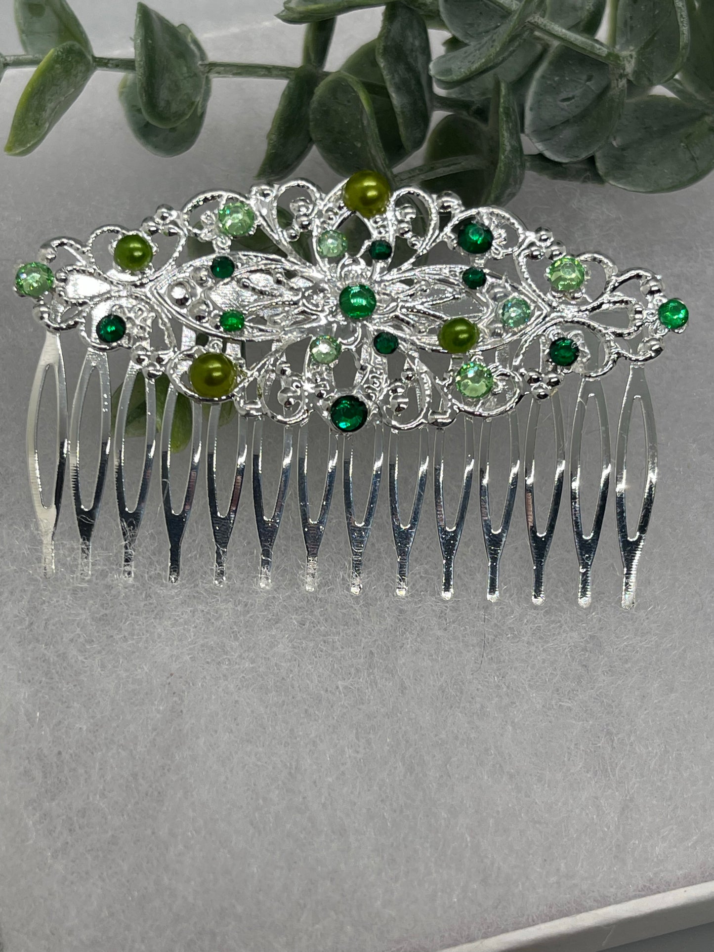 Green multi crystal rhinestone 3.5” side Comb Antique vintage style bridal Wedding shower sweet 16 birthday princess bridesmaid hair accessory