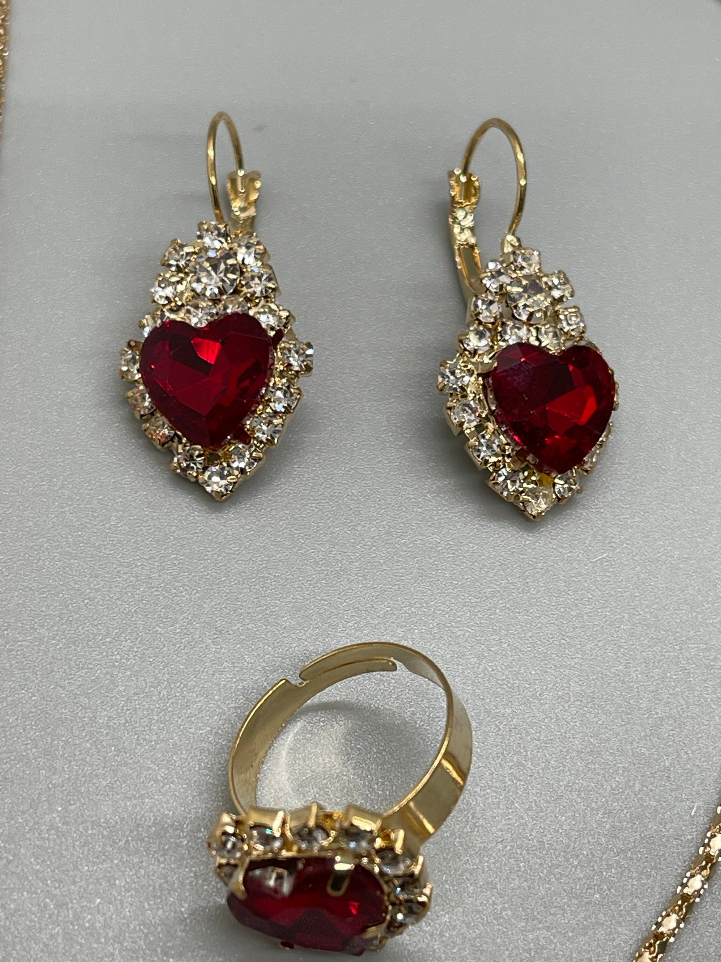 Red Crystal Jewelry Sets finger ring earring necklace Zinc Alloy Crystal Heart 3 pieces