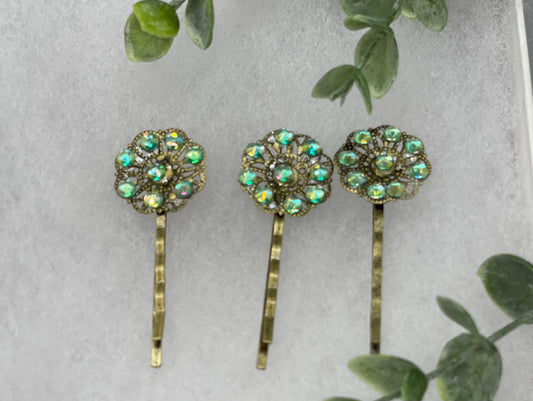 Green crystal  3 pc set Antique vintage Style approximately 3.0” flower hair pin wedding engagement bride princess formal hair accessories