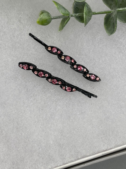 Pink crystal rhinestone approximately 2.5” black tone hair pins 2 pc set wedding bridal shower engagement formal princess accessory accessories