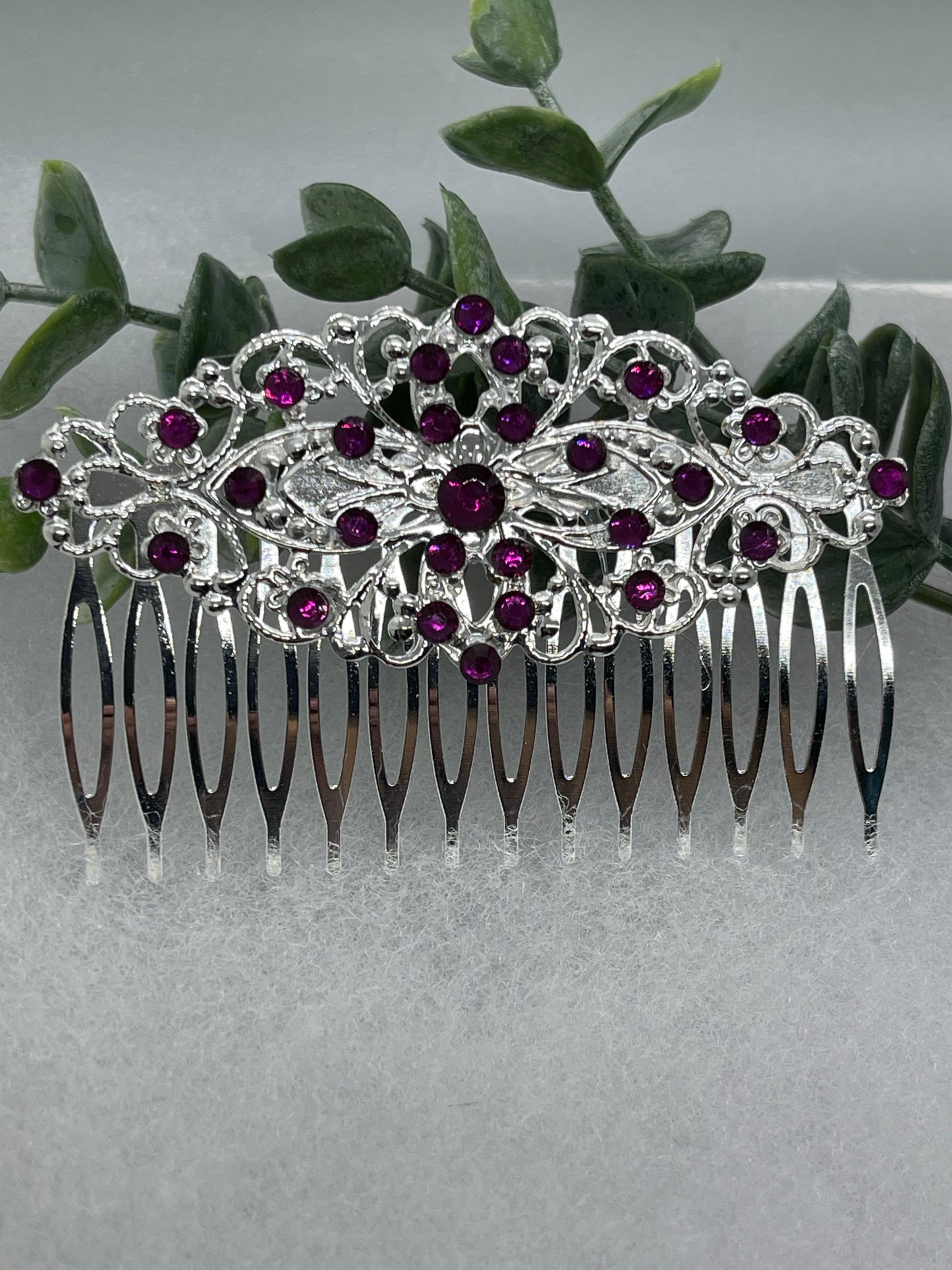 Purple crystal rhinestone 3.5”side comb silver Antique vintage style bridal Wedding shower sweet 16 birthday princess bridesmaid hair accessory