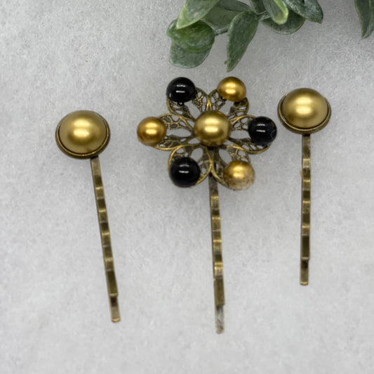 Gold black faux pearl 3 pc set Antique vintage Style approximately 3.0” flower hair pin wedding engagement bride princess formal hair accessories