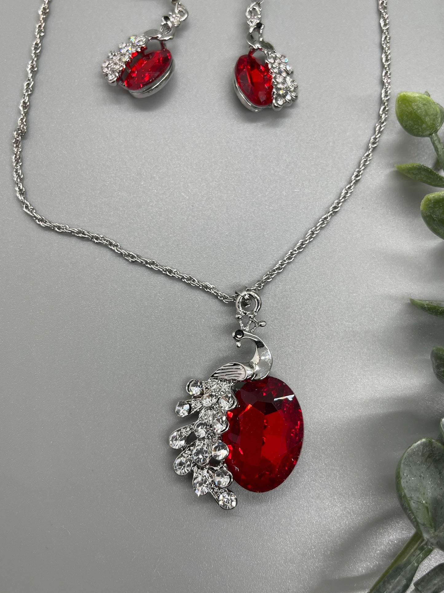 Ruby Red silver rhinestone crystal necklace earrings set engagement formal accessory bride princess jewelry