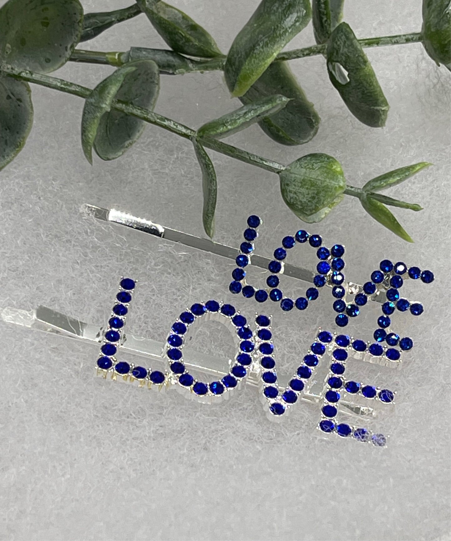 Blue Crystal Rhinestone 2 pc set hair pins LOVE letter