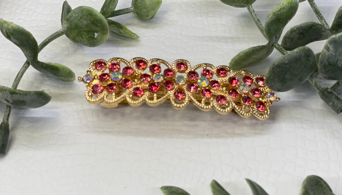 Pink Crystal rhinestone barrette approximately 3.0” gold tone formal hair accessories gift wedding bridesmaid
