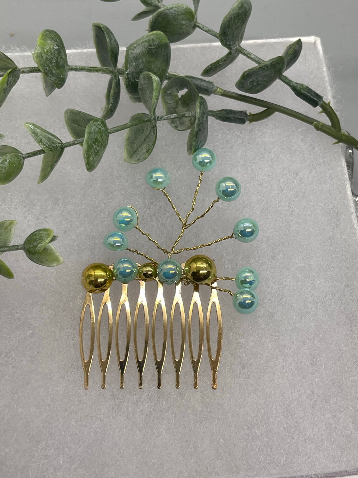 Mint Gold faux Pearl 2.0” gold tone bridal side Comb accents vine handmade by hairdazzze