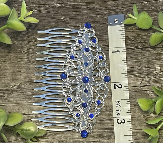 Sapphire blue crystal rhinestone Comb on 3.5” silver Metal Hair Comb accessory Handmade Retro Bridal Prom