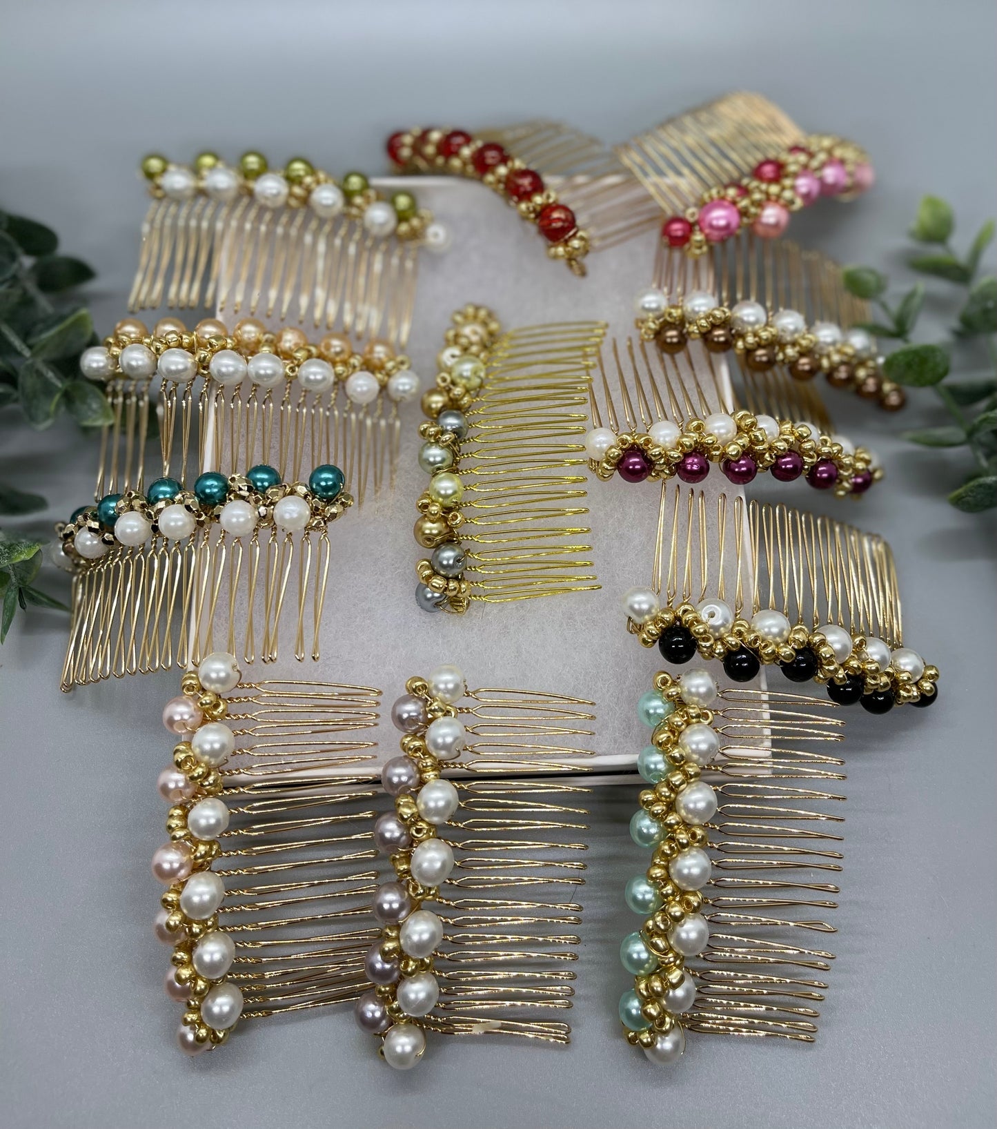 Olive green  gold beaded side Comb 3.5” gold Metal hair Accessories bridesmaid birthday princess wedding gift handmade accessories