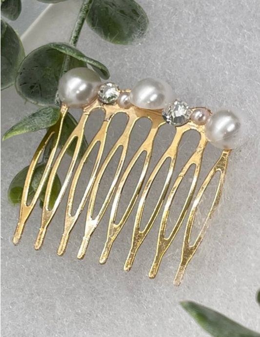 White  faux Pearl crystal side comb approximately 2.0”long gold metal hair accessory bridal wedding Retro
