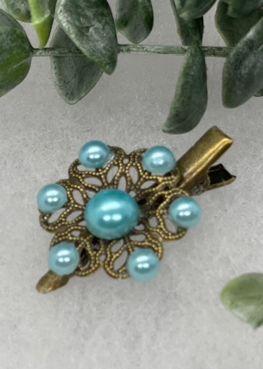 Light teal  faux pearl vintage antique style flower hair alligator clip 2.0” Handmade hair accessory bridal wedding