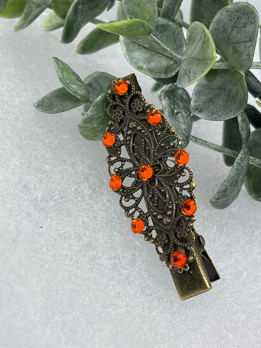 Orange Crystal vintage antique style leaf hair alligator clip approximately 2.5” long Handmade hair accessory bridal wedding Retro