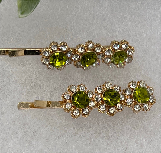 Green crystal rhinestone approximately 2.0” gold tone hair pins 2 pc set wedding bridal shower engagement formal princess accessory accessories