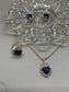 Blue sapphire crystal hearts rhinestone gold necklace earrings ring set