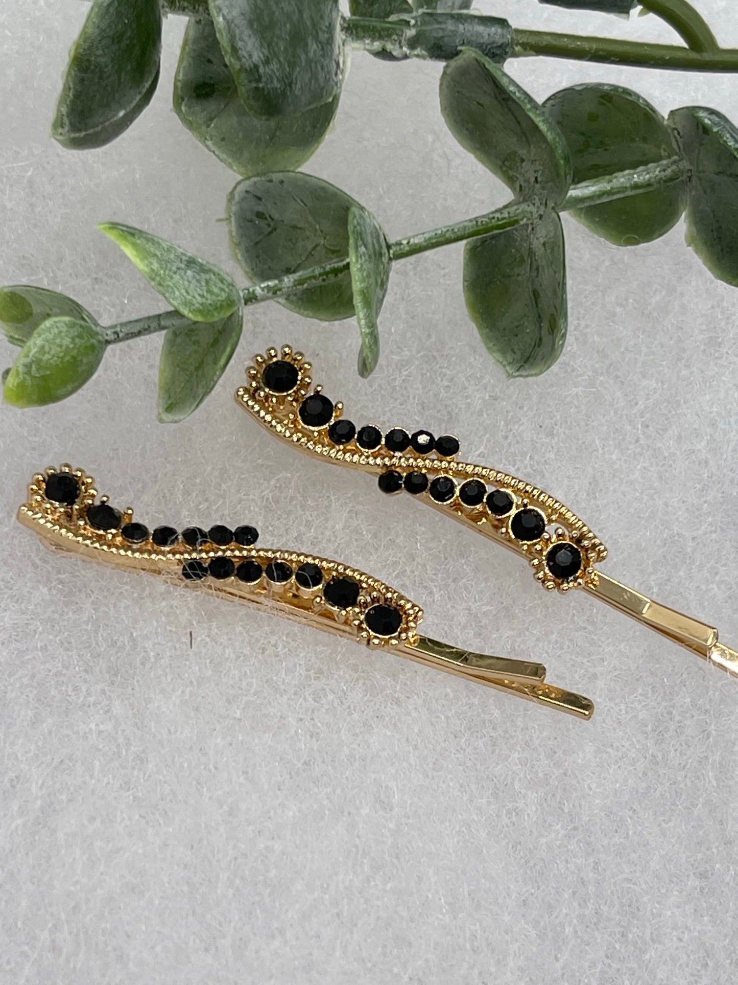 Black crystal rhinestone approximately 2.0” gold tone hair pins 2 pc set wedding bridal shower engagement formal princess accessory accessories