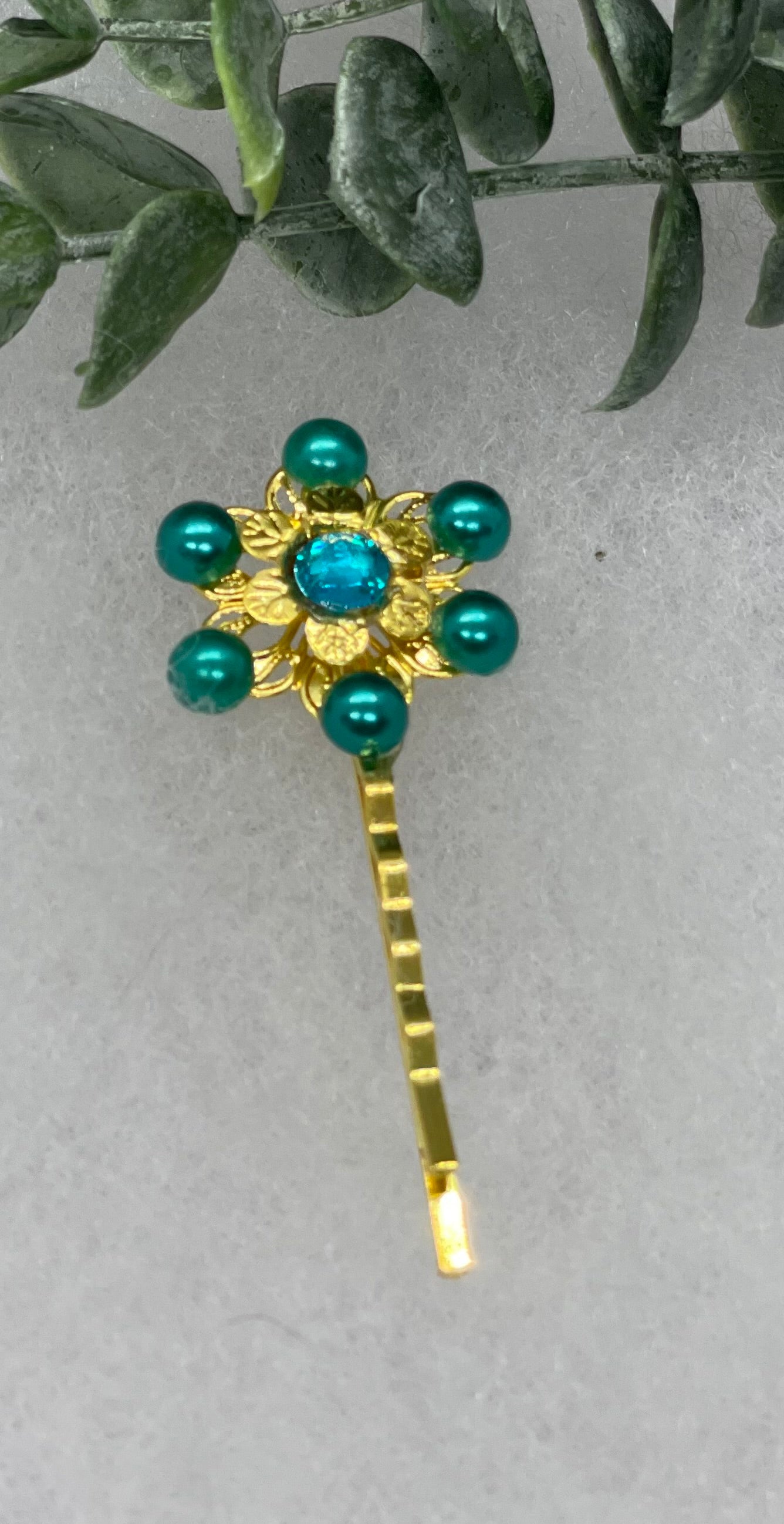 Teal Pearl crystal Gold Antique vintage Style approximately 3.0” flower hair pin wedding engagement bride princess formal hair accessory accessories