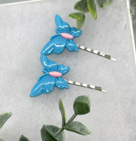 2 pc baby Blue Butterfly hair pins approximately 2.0”silver tone formal hair accessory gift wedding bridal Hair accessory #010