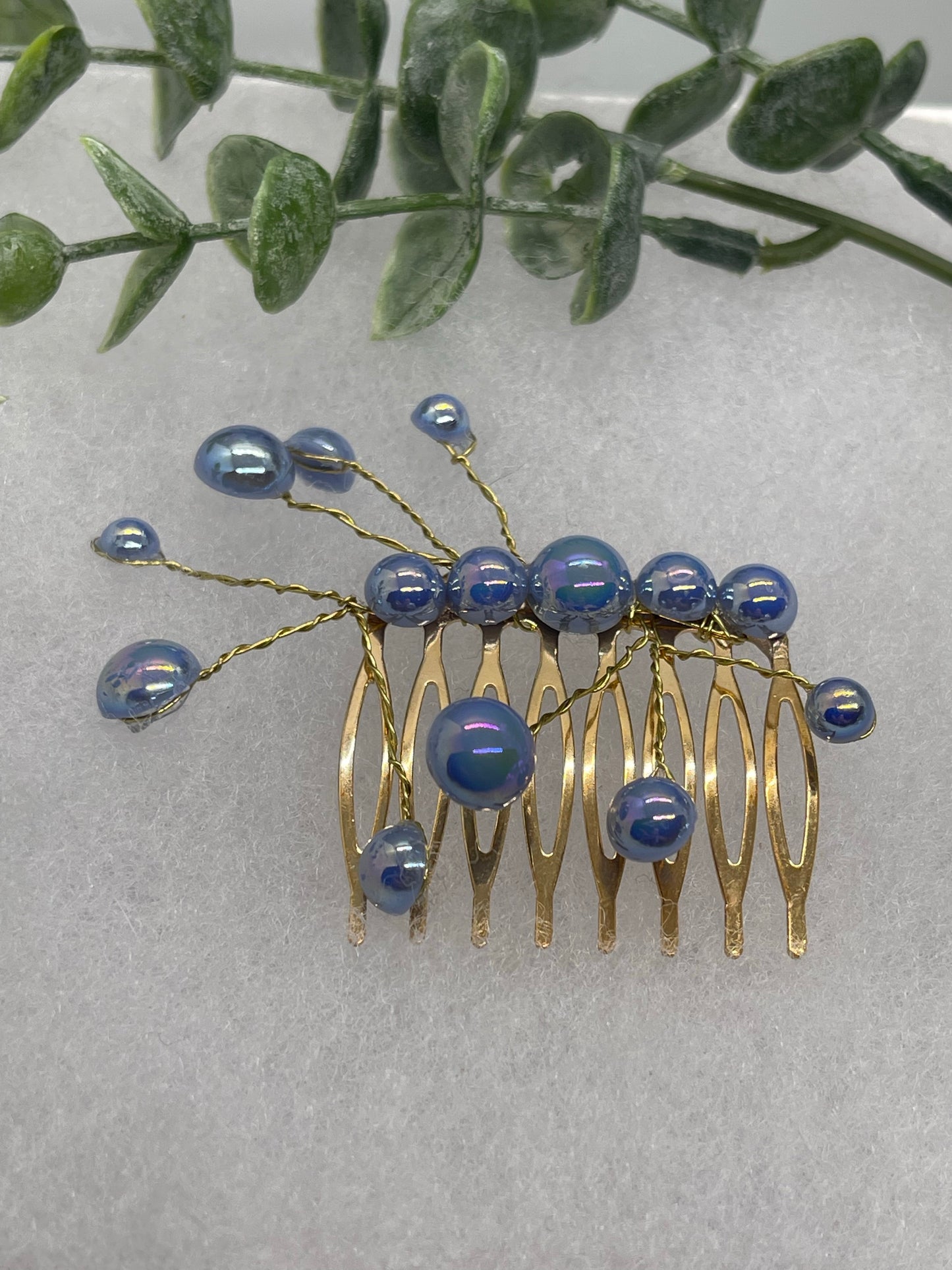 Blue faux Pearl 2.0” gold tone bridal side Comb accents vine handmade by hairdazzzel wedding accessory bride