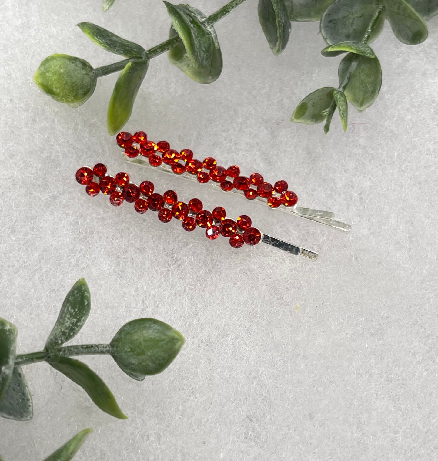 Red Crystal Rhinestone Bobby pin hair pins set approximately 2.5”  silver tone formal hair accessory gift