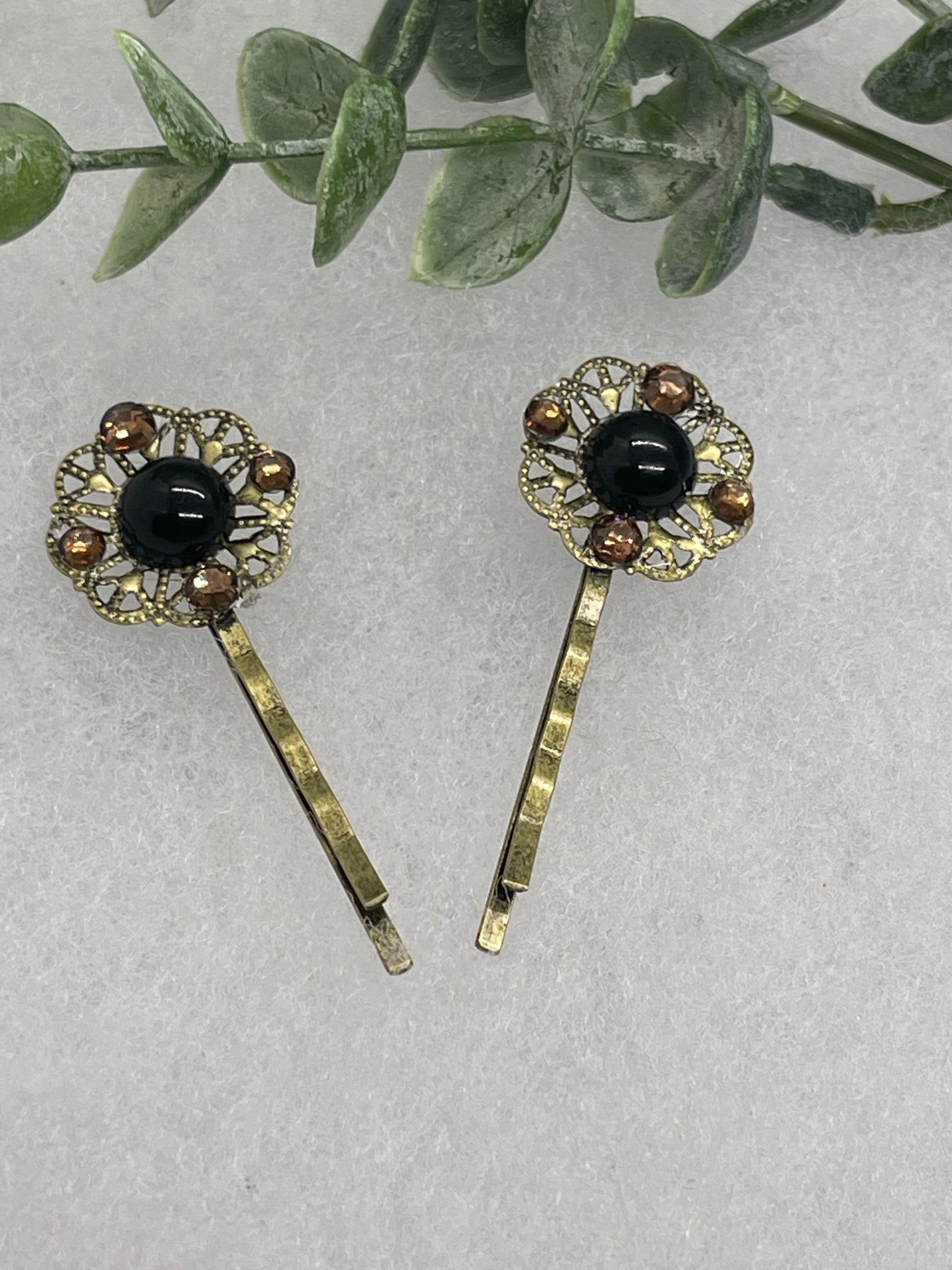 Black brown faux pearl 2 pc set Antique vintage Style approximately 3.0” flower hair pin wedding engageme