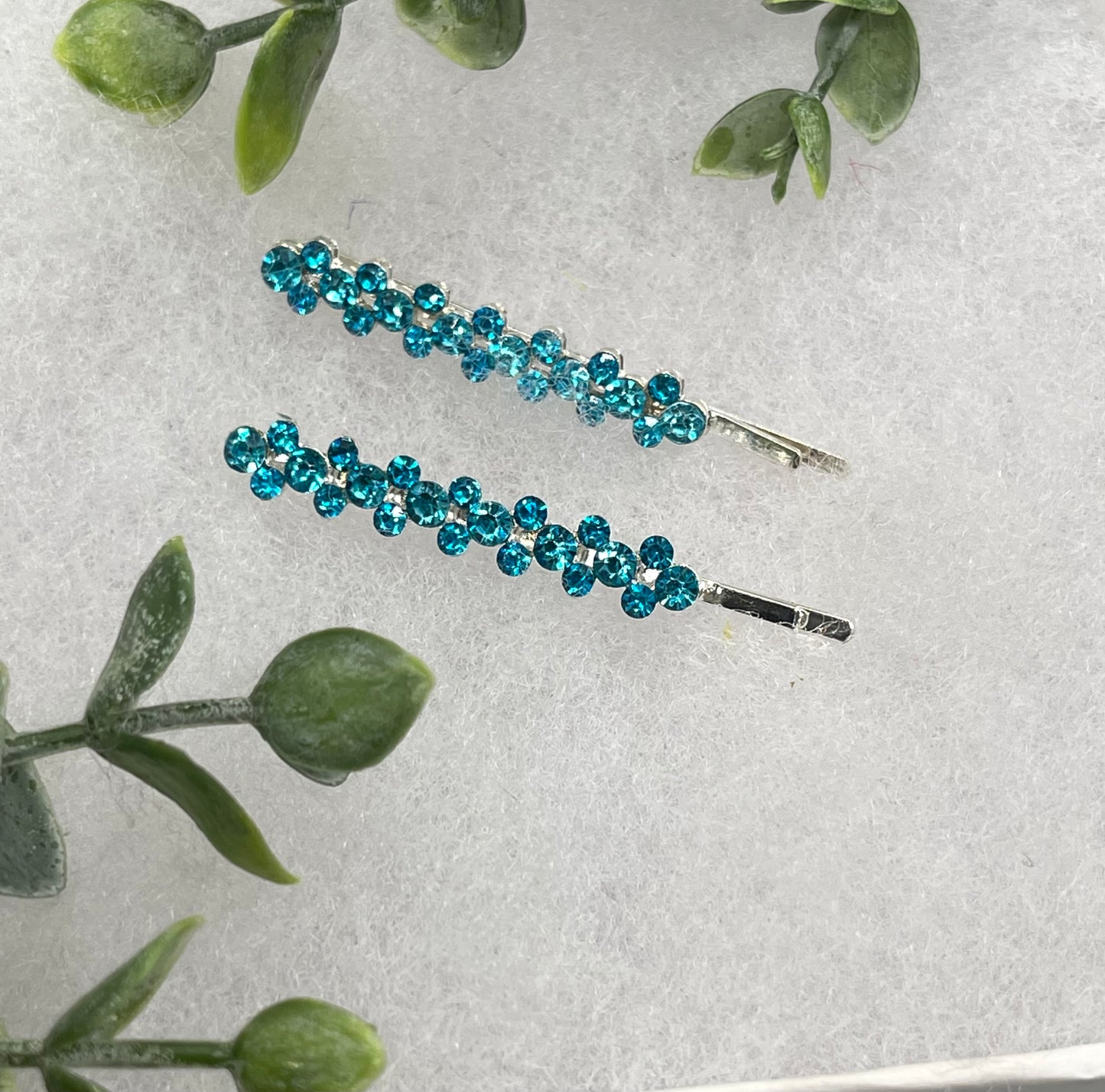 Teal Crystal Rhinestone Bobby pin hair pins set approximately 2..5 silver tone formal hair accessory gift