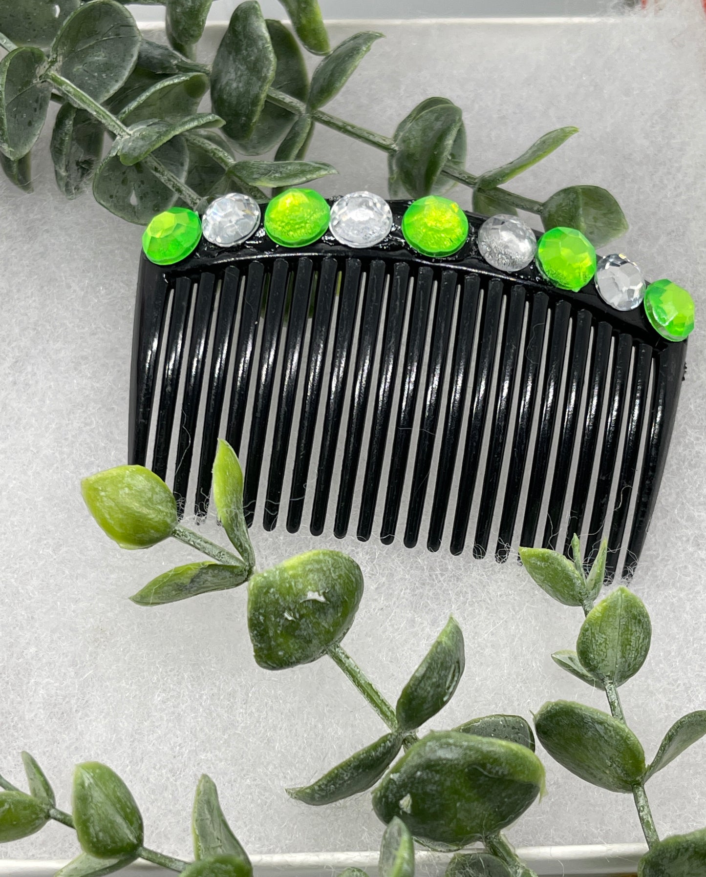 Lime green  faux crystal rhinestone side comb 3.5” black plastic hair accessory bridal wedding Retro Bridal Party Prom Birthday gifts