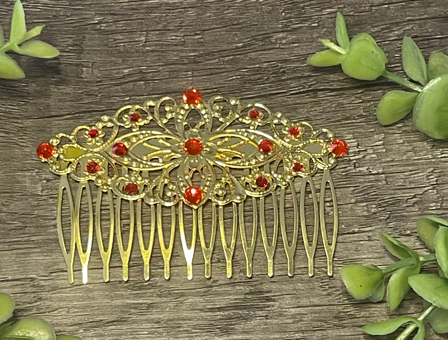 Ruby Red crystal rhinestone Comb on 3.5” Gold Metal Hair Comb accessory Handmade Retro Bridal Prom birthday wedding bridal gift