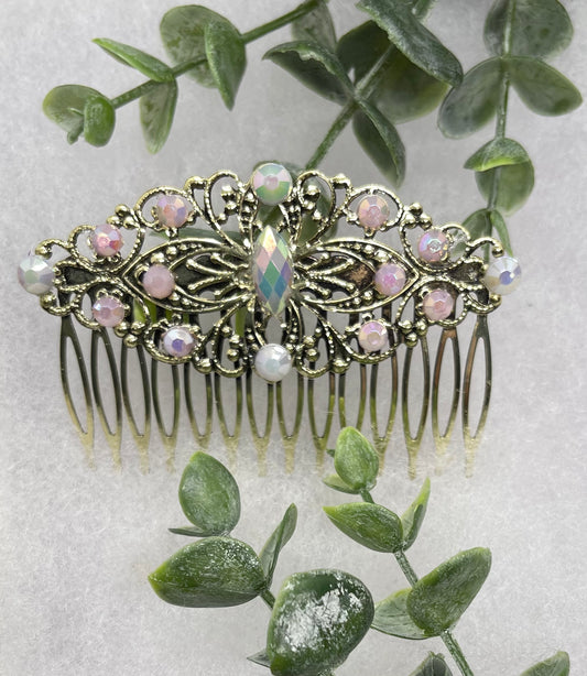 Baby pink iridescent pearl Vintage Style Crystal Rhinestone 3.5” antique tone Metal side Comb bridal accessories
