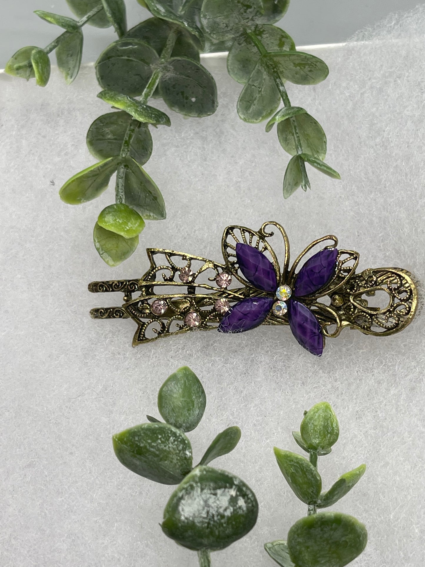 Purple antique vintage crystal rhinestone butterfly alligator clip approximately 3.0” antique tone formal hair accessory